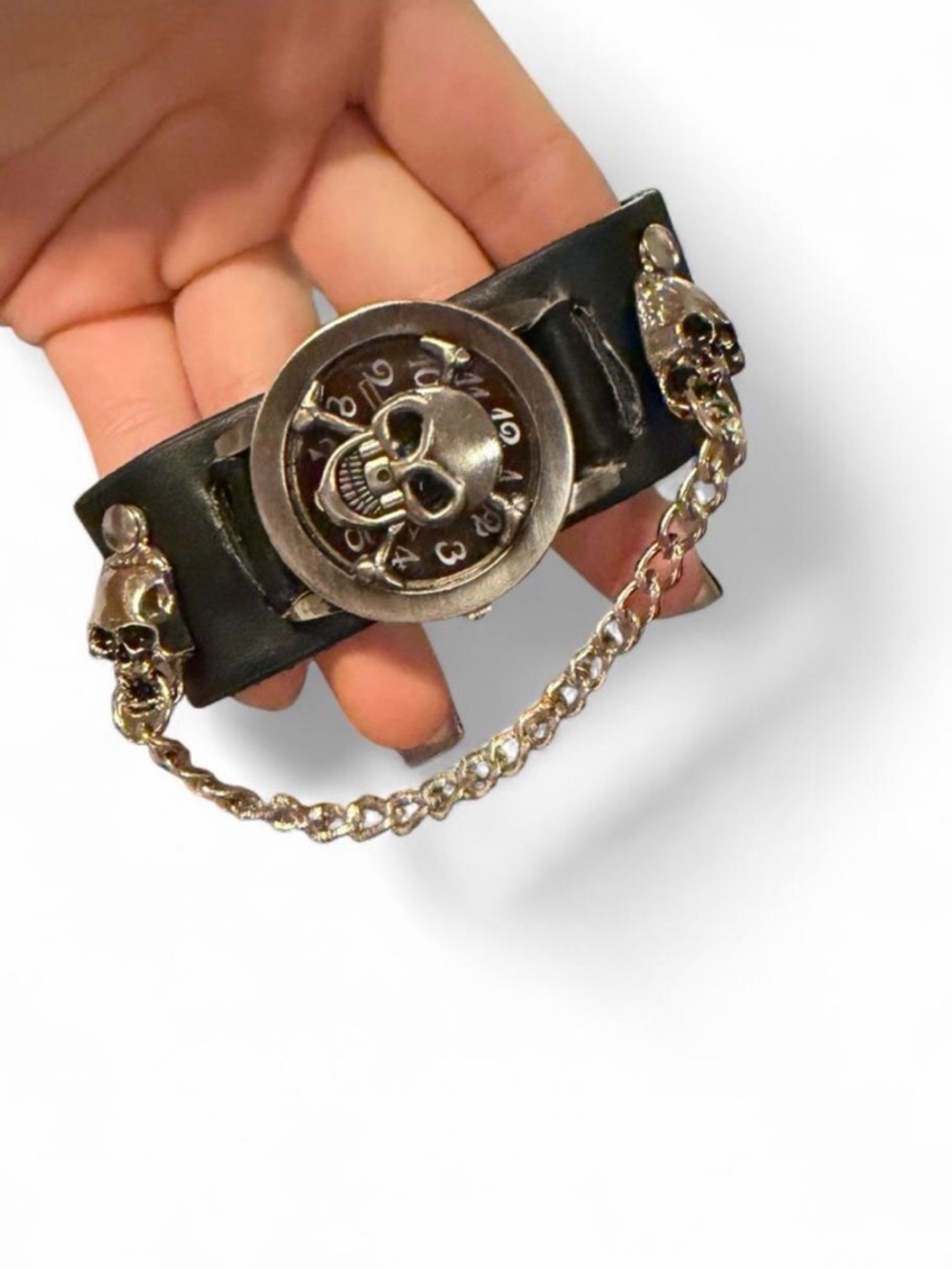 Skull Chain Black Leather Bracelet with Silver Accents
